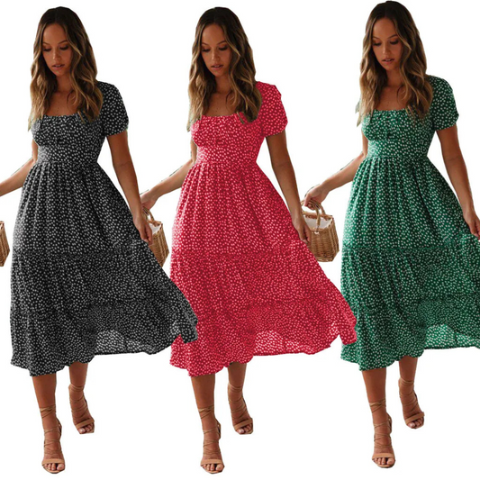 Square Collar Short Sleeve Dress Summer Puff Floral Printed Dress Long Dresses