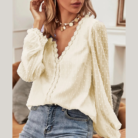 Swiss Dot Lace Detail V-Neck Long Sleeve Blouse