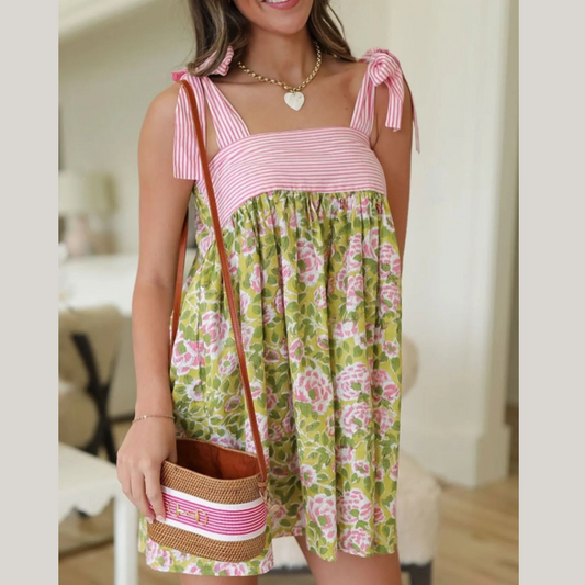 Printed Square Neck Tie Shoulder Mini Dress