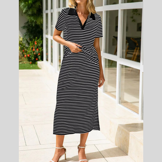 Striped Polo Collar Top and Slit Skirt Two-Piece Set