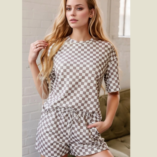 Checkered Round Neck Top and Shorts Set