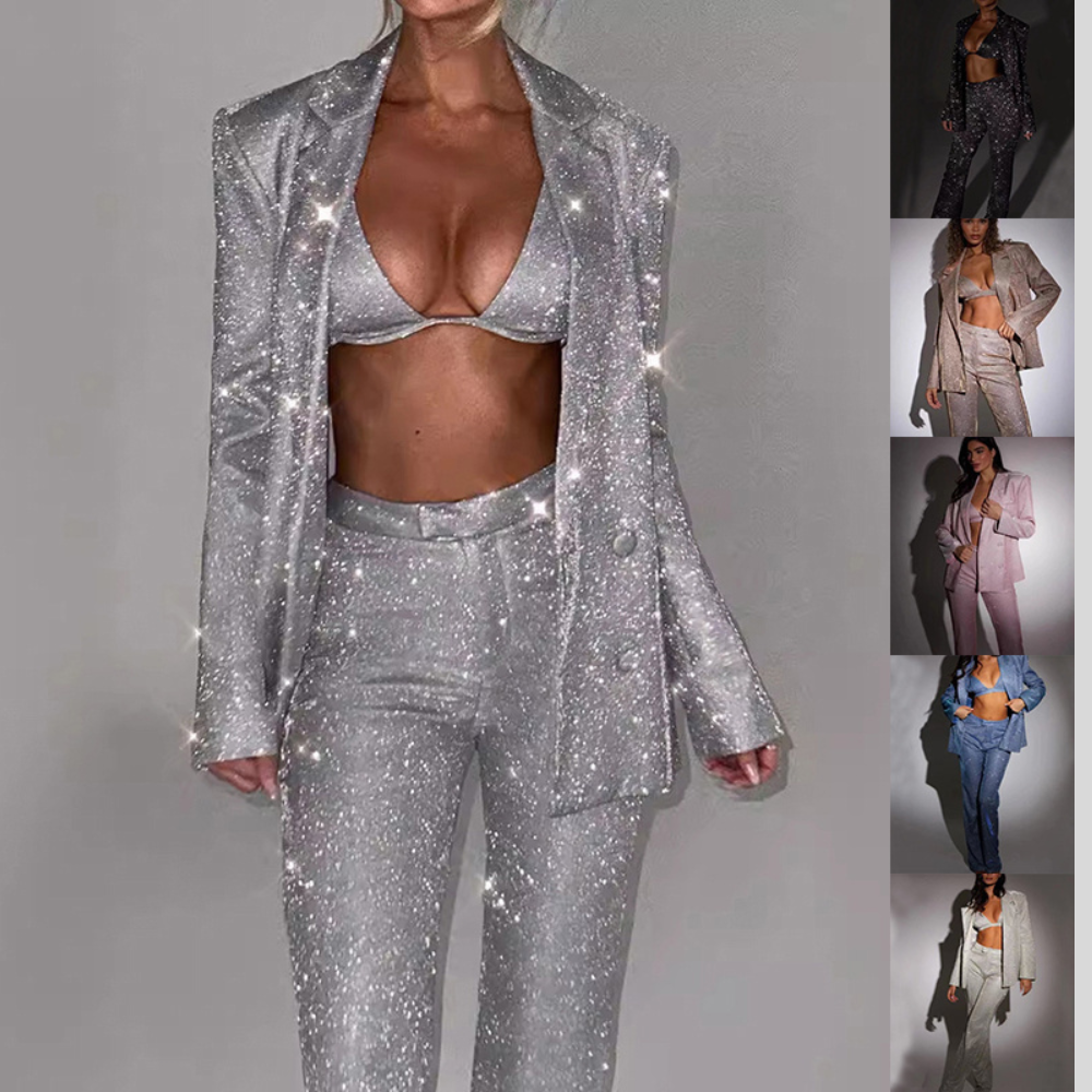 3pcs Shiny Long-sleeved Suit With Bra Lapel Blazer And Straight-leg Trousers Fashion Party Jacket Set For Women Clothing
