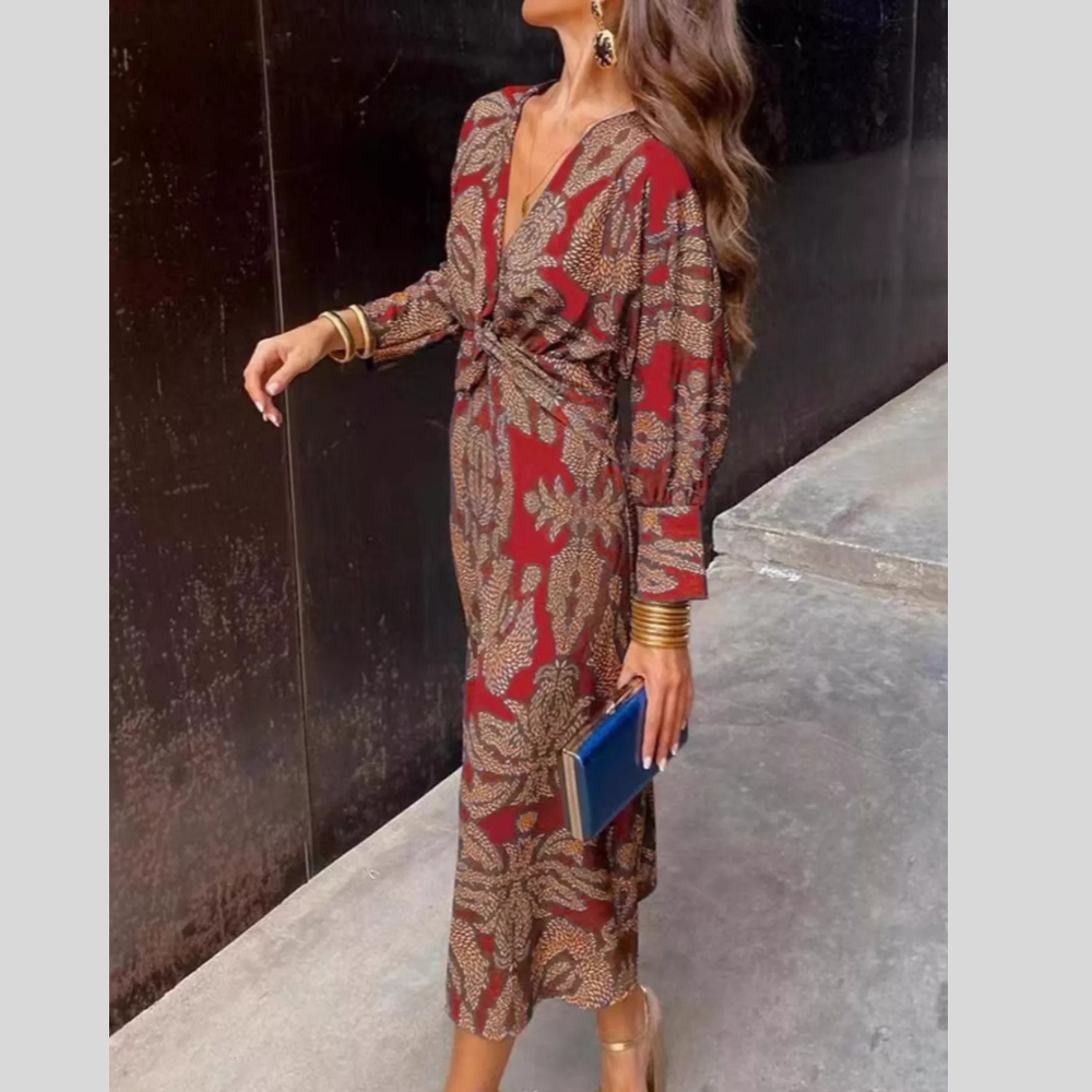 Full Size Printed V-Neck Long Sleeve Twisted Midi Dress Plus Size