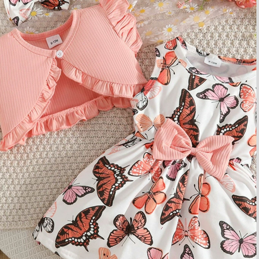 Children's Butterfly Print Dress and Ruffle Trim Cardigan Set with Headband