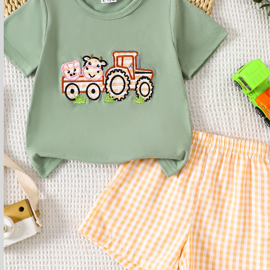Children's Cartoon Tractor Embroidered Tee and Shorts Set