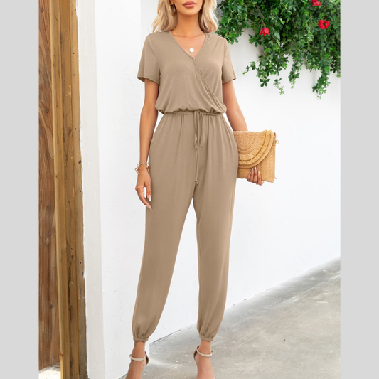 Short Sleeve V-Neck Jumpsuit with Pockets