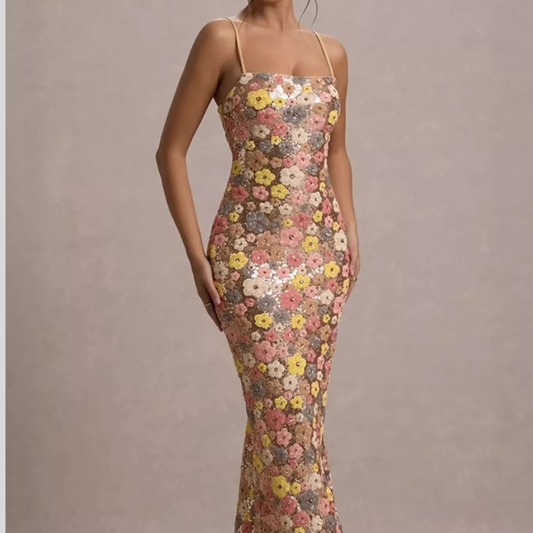 Floral Sequin Embellished Bodycon Maxi Dress
