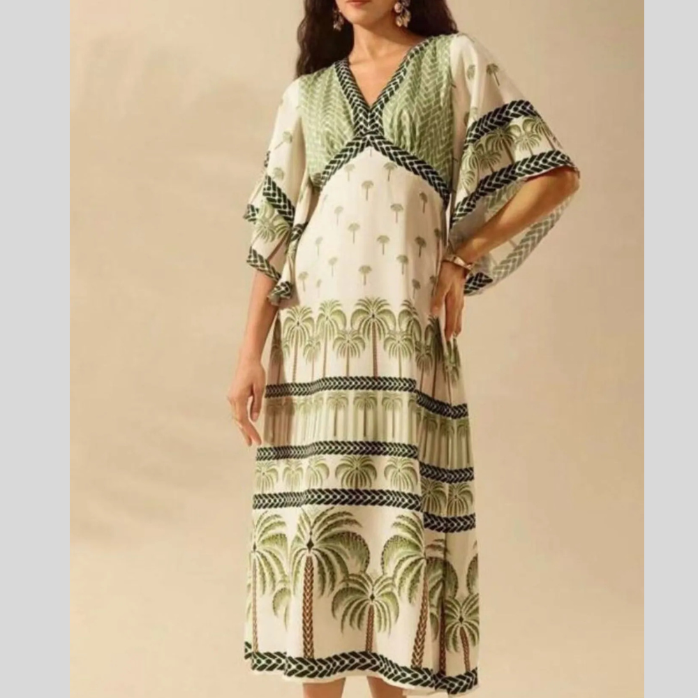 Palm Print V-Neck Midi Dress