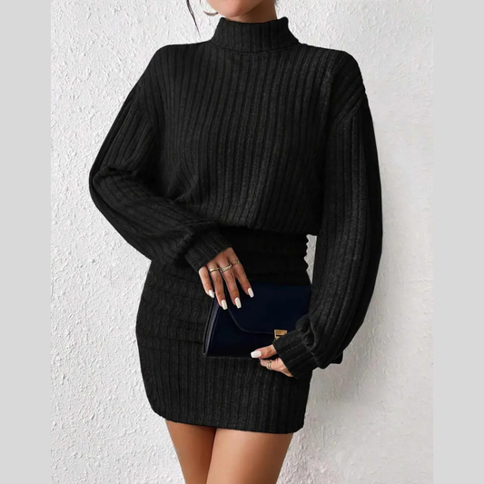 Sunken Stripe Turtleneck Sheath Long Sleeve Dress