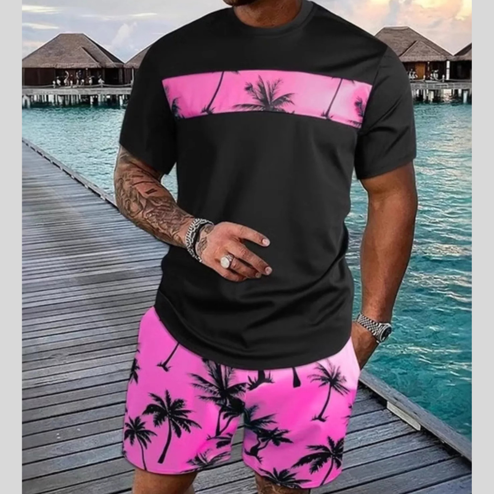 Men's Full Size Tropical Palm Tree Tee and Shorts Set Plus Size
