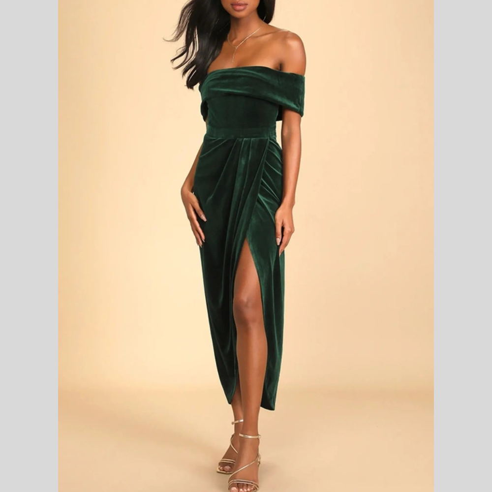 Off-Shoulder Wrap Dress with Side Slit