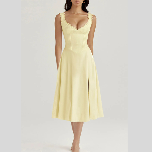 Scalloped V-Neck Midi Dress with Back Lace-Up