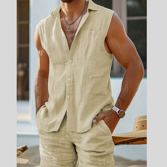Men's Plus Size Casual Button Up Vest & Shorts Set