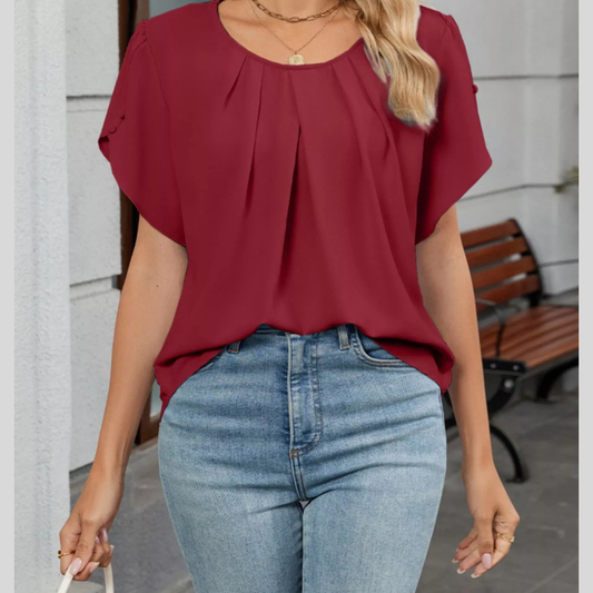 Elegant Pleated Flowy Short Sleeve Blouse