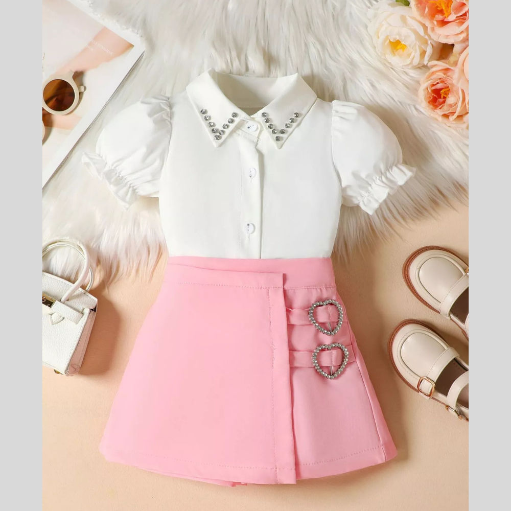 Children’s Rhinestone Collar Blouse & Heart Buckle Skirt Set