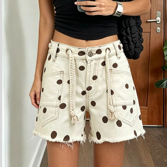 Polka Dot Denim Shorts with Braided Drawstring