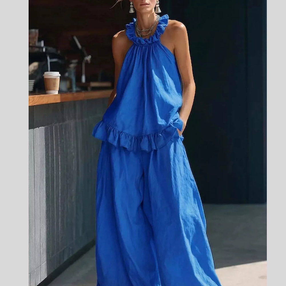 Full Size Ruffled Halter Neck Top and Wide-Leg Pants Set Plus Size