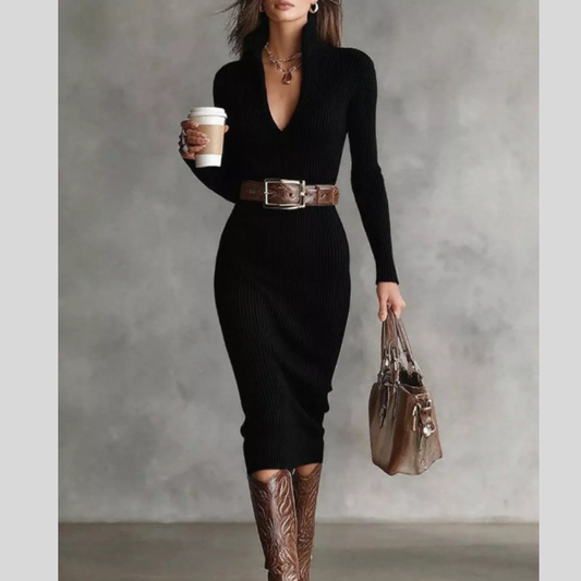 Ribbed Knit V-Neck Sweater Dress