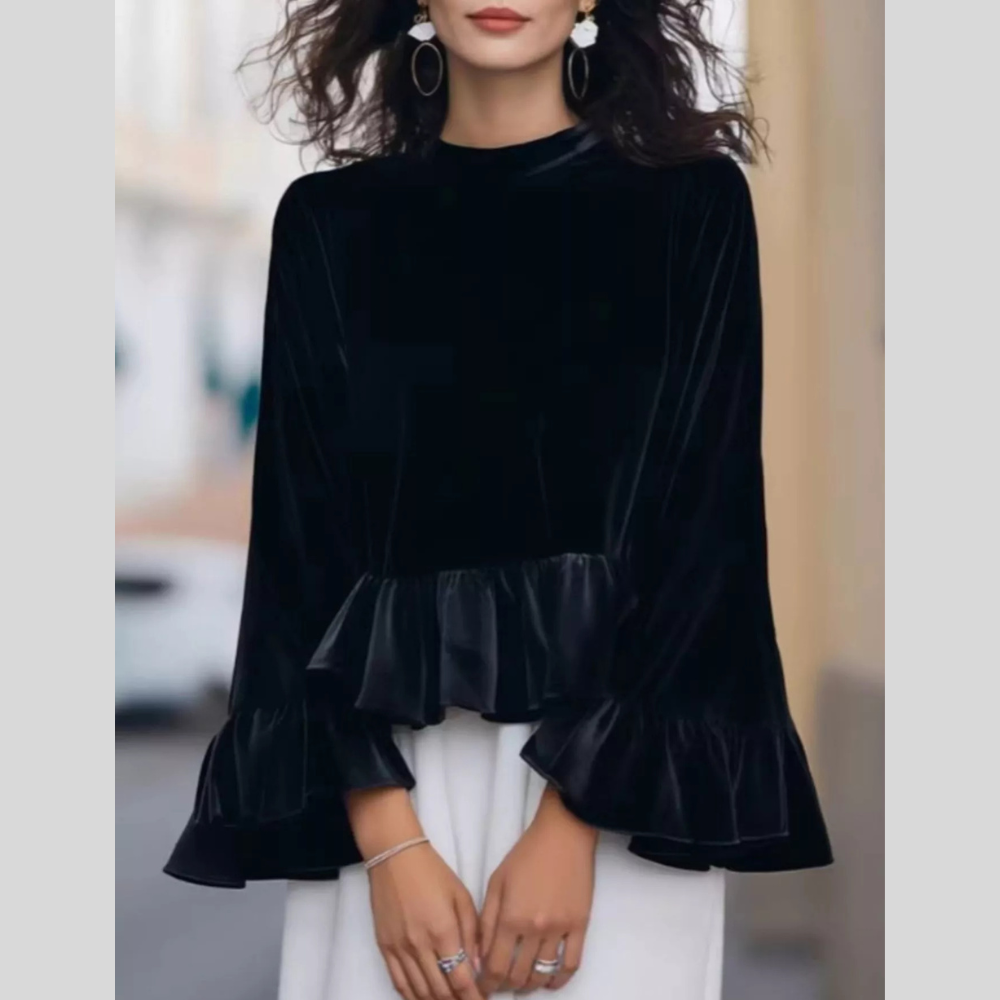 Velvet Ruffle Hem Blouse