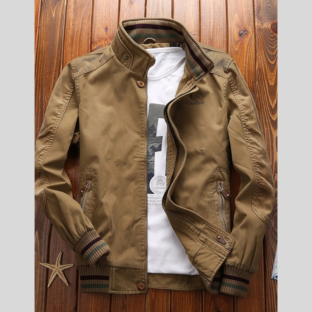 Men's Full Size Bomber Jacket with Ribbed Cuffs and Collar Plus Size