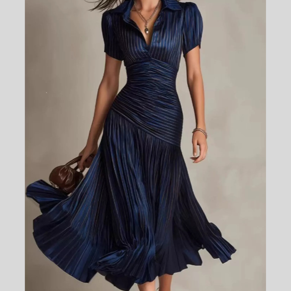 Pleated Striped Short Sleeve Midi Dress