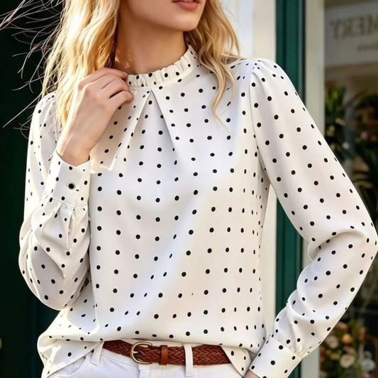 Elegant Polka Dot Print Mock Neck Long Sleeve Blouse