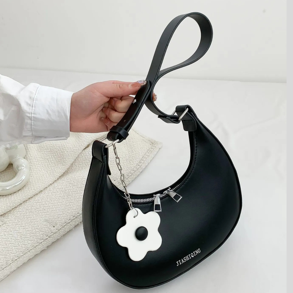 Crescent Shoulder Bag with Flower Charm