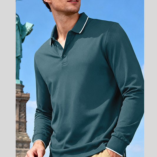Men's Full Size Classic Long-Sleeve Polo Shirt with Contrast Trim Plus Size