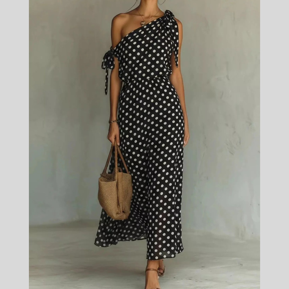 Full Size Polka Dot One-Shoulder Maxi Dress with Tie Details Plus Size