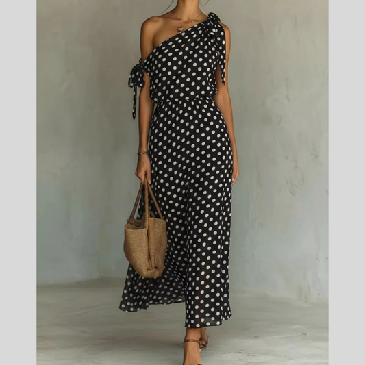 Full Size Polka Dot One-Shoulder Maxi Dress with Tie Details Plus Size