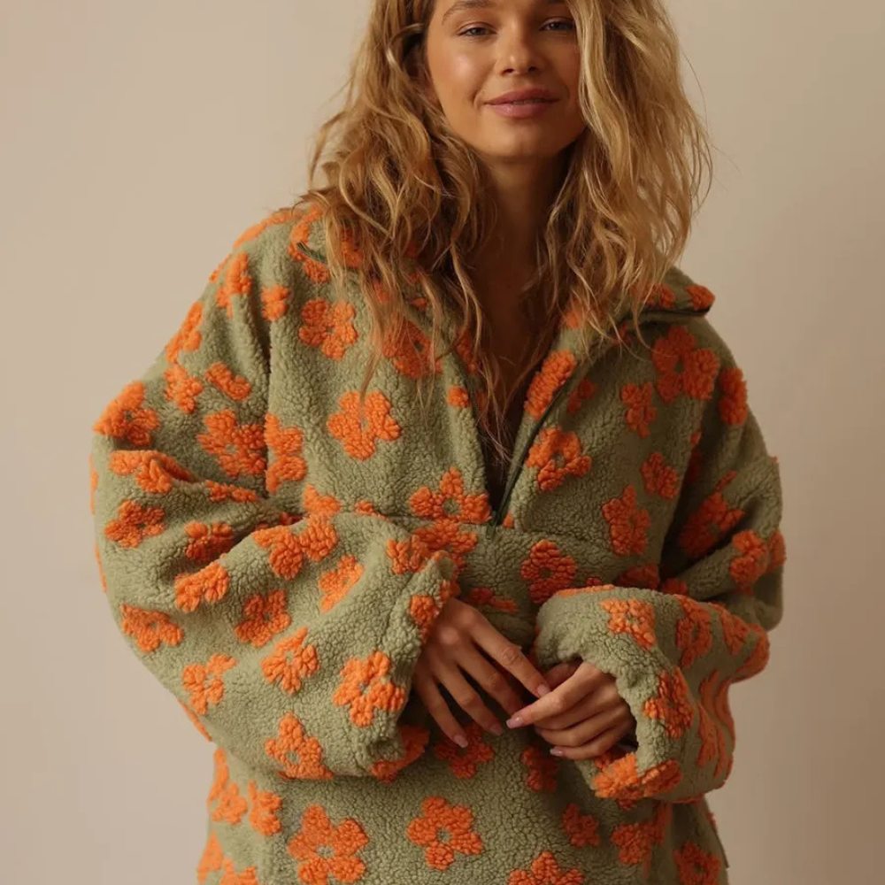 Winter Flowers Lambskin Sweatshirt With Big Pocket Casual Loose Zip-up Lapel Pullover Top Women's Clothing