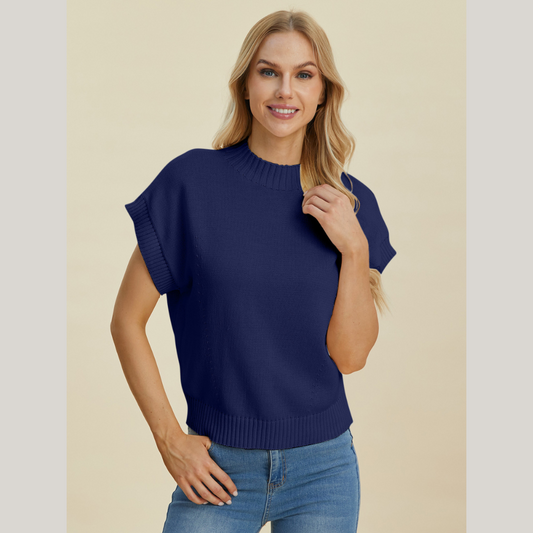 Double Take Full Size Mock Neck Short Sleeve Sweater