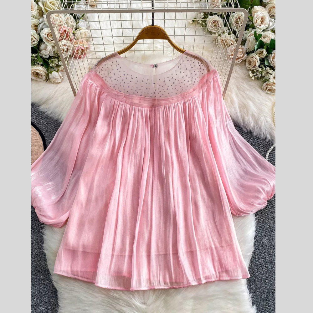 Rhinestone Mesh Panel Blouse