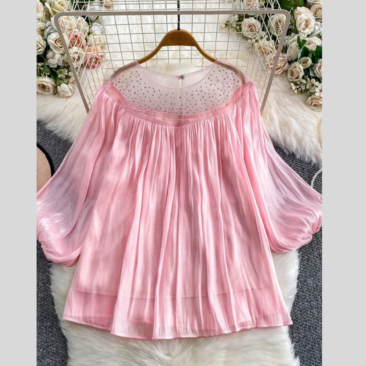Rhinestone Mesh Panel Blouse