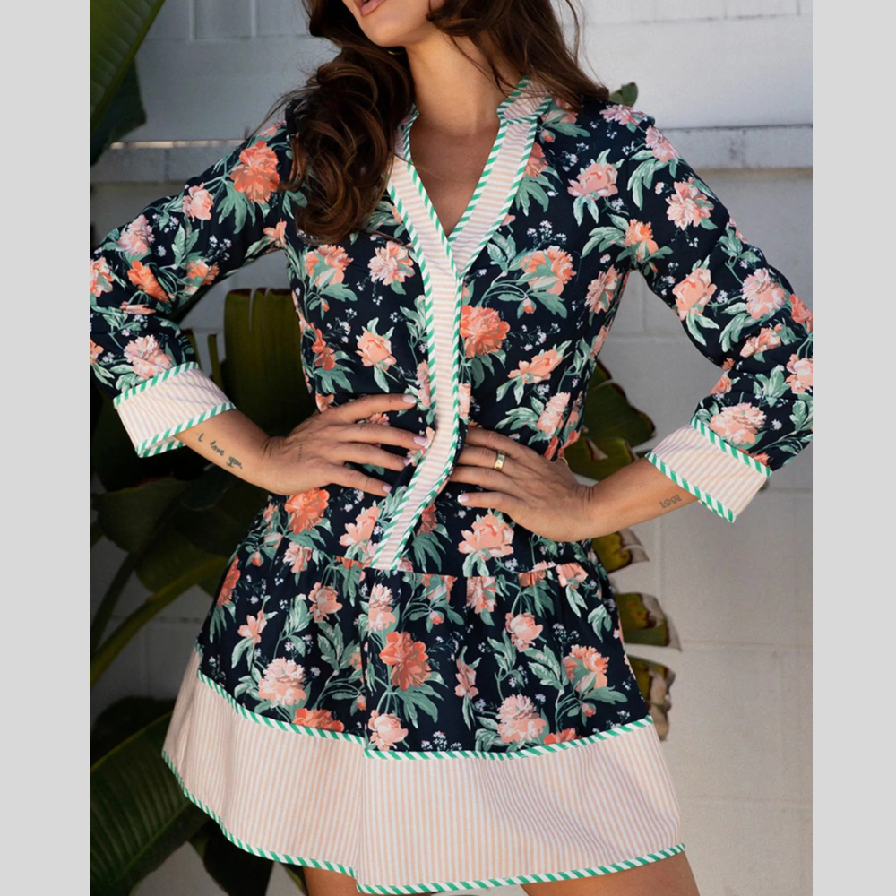 Floral Print Striped Trim V Neck Long Sleeve Ruffle Hem Shift Mini Dress