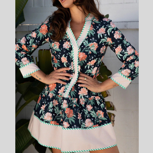 Floral Print Striped Trim V Neck Long Sleeve Ruffle Hem Shift Mini Dress