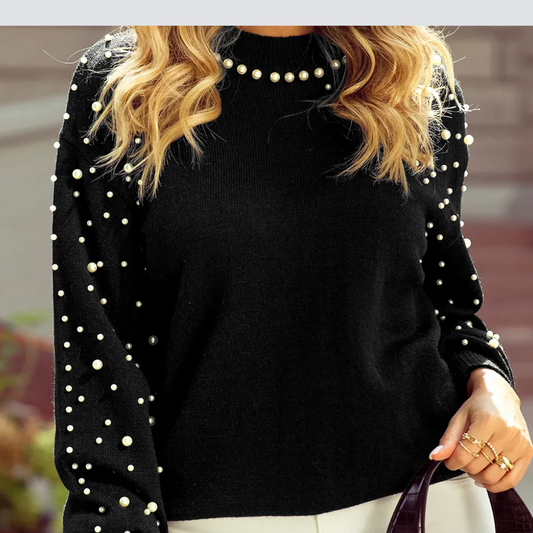 Pearl Detail Mock Neck Long Sleeve Sweater