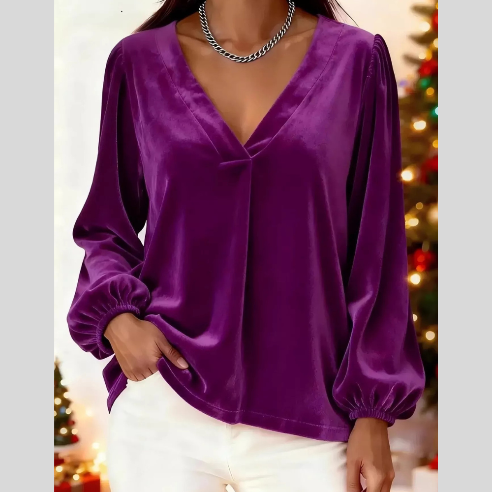 Full Size Velvet V-Neck Balloon Sleeve Blouse Plus Size