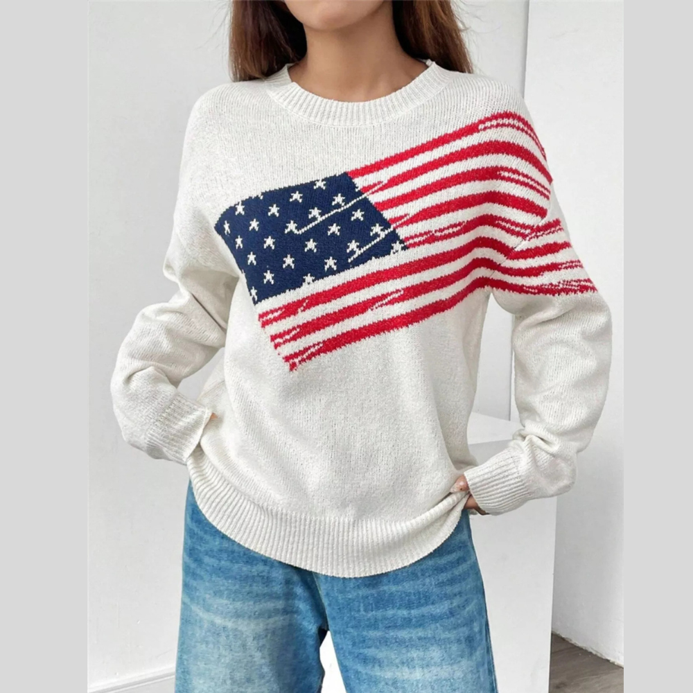 US Flag Round Neck Long Sleeve Sweater