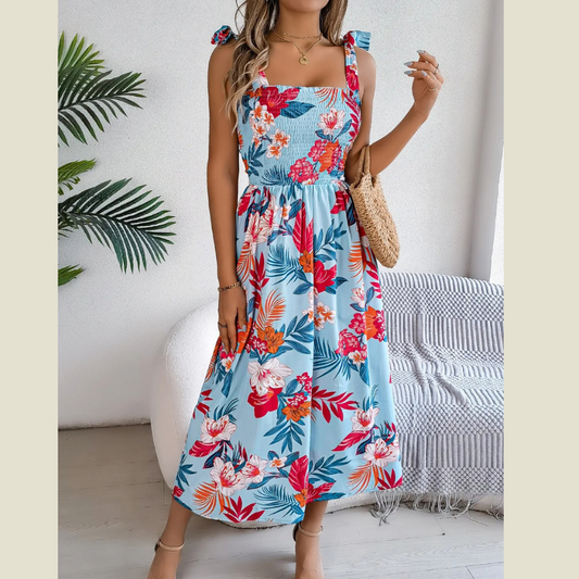 Smocked Floral Tie Shoulder Midi Dress