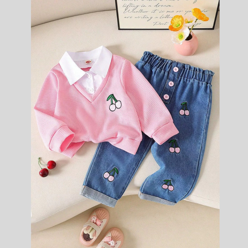 Children's Cherry Embroidered Knit Top and Jeans Set