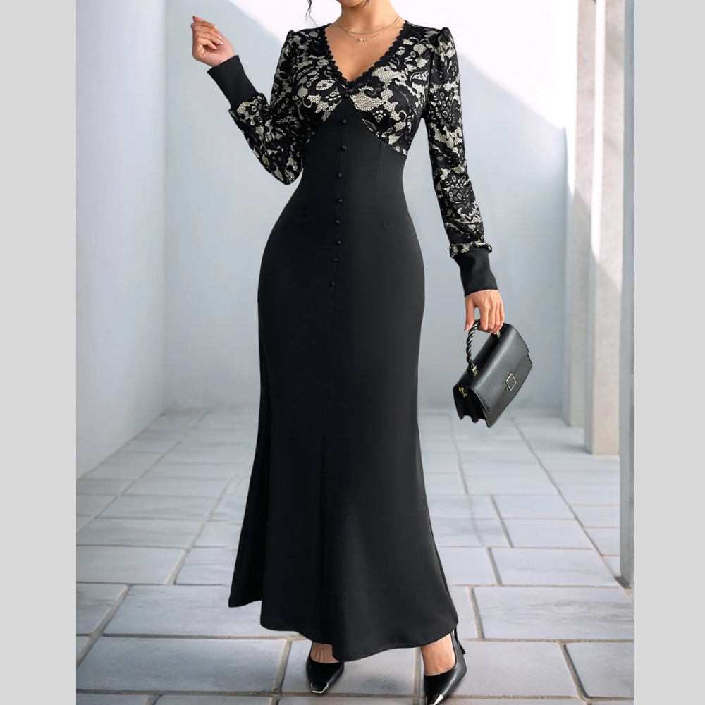 Lace V-Neck Long Sleeve Maxi Dress