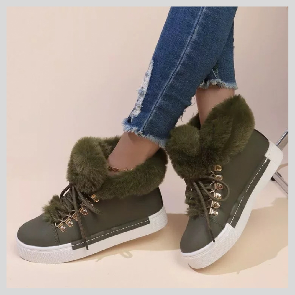 Fuzzy Trim Lace-Up Ankle Boots