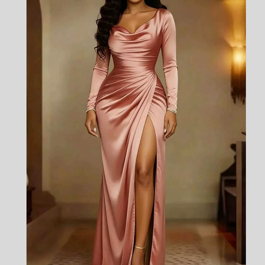 Full Size Elegant Satin Cowl Neck Long Sleeve High Slit Evening Dress Plus Size