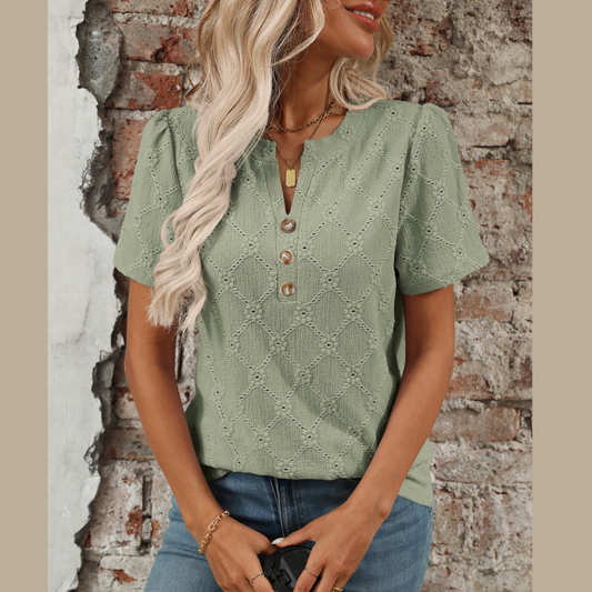 Casual Eyelet Notched Short Sleeve Shirt