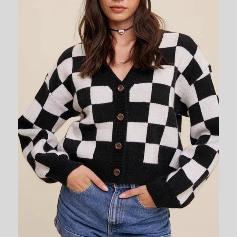 Checkerboard Pattern Button-Down Cardigan