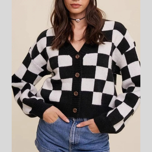 Checkerboard Pattern Button-Down Cardigan