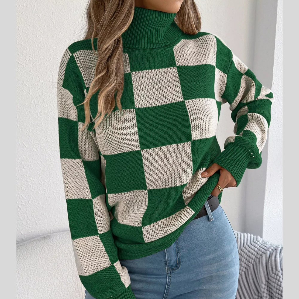 Checkered Turtleneck Long Sleeve Sweater