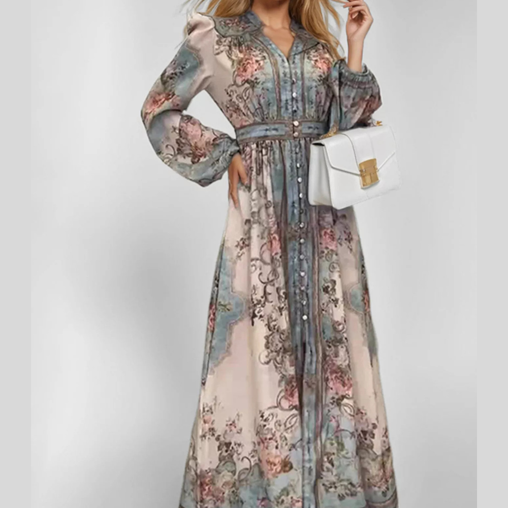 Full Size Floral Print Maxi Dress with Puff Sleeves Plus Size