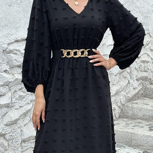 Full Size Swiss Dot V-Neck Long Sleeve Midi Dress